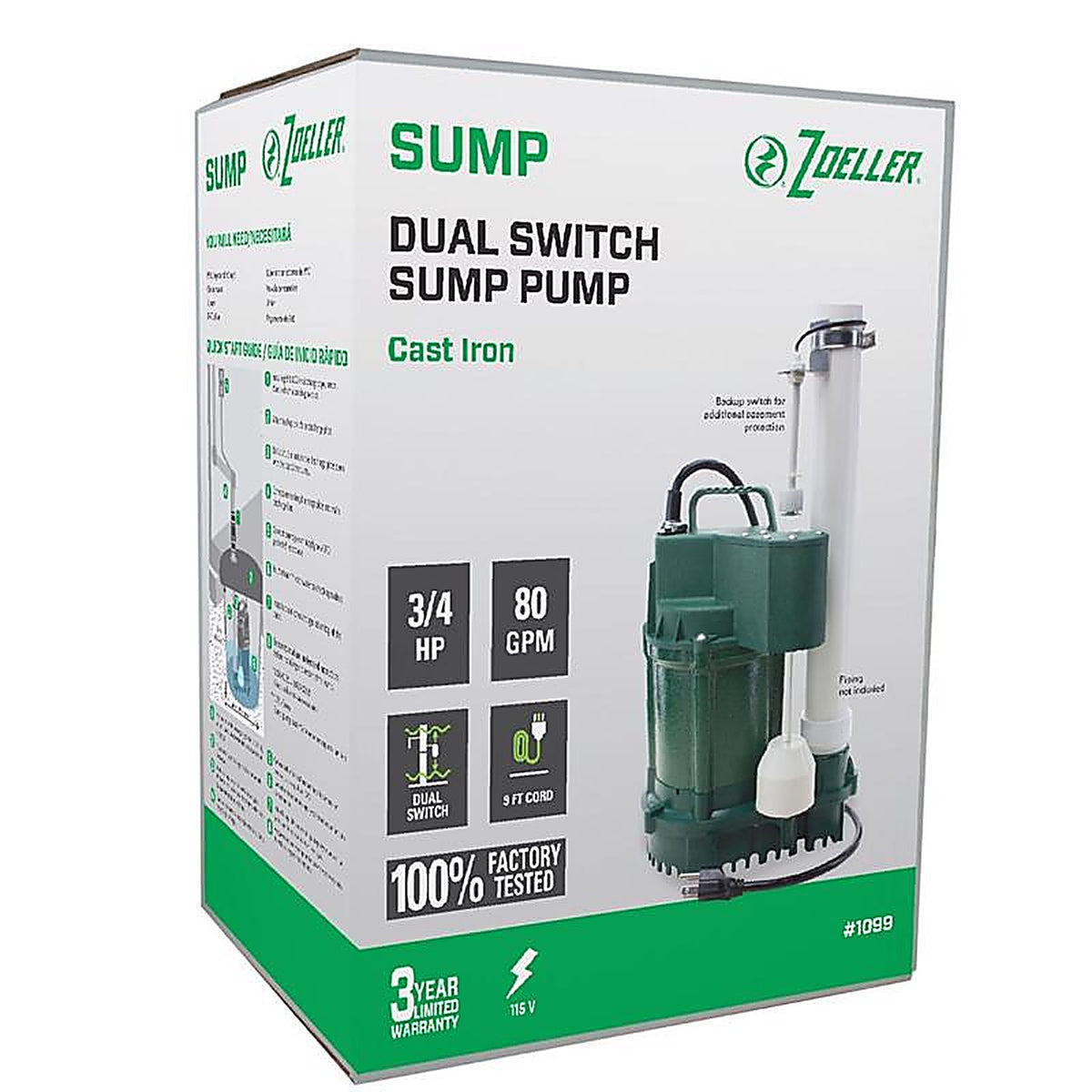 Zoeller - 1099-0001 - 3/4 HP 80 GPM Cast Iron Vertical Float Switch AC Submersible Sump Pump 9 Ft