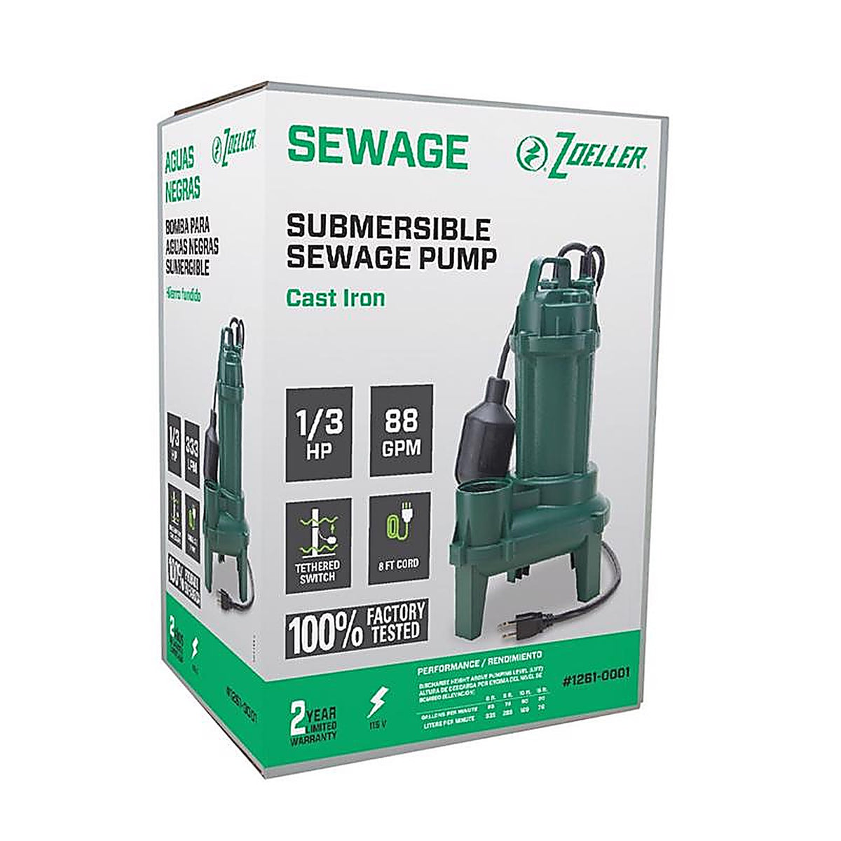 Zoeller - 1261-0001 - 1/3 HP 5280 GPH Cast Iron Tethered Float Switch Sewage Pump