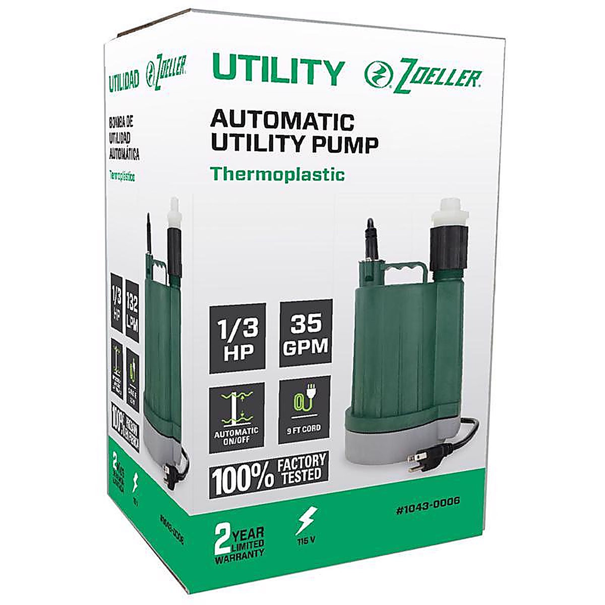 Zoeller - 1043-0006 - 1/3 HP 2100 GPH Thermoplastic Electronic Switch Bottom AC Submersible Utility Pump