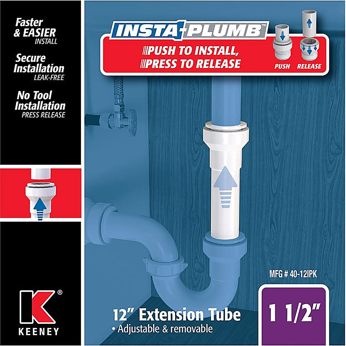 Keeney 40-12IPK Insta Plumb 1-1/2 in. D X 12 in. L Plastic Extension Tube