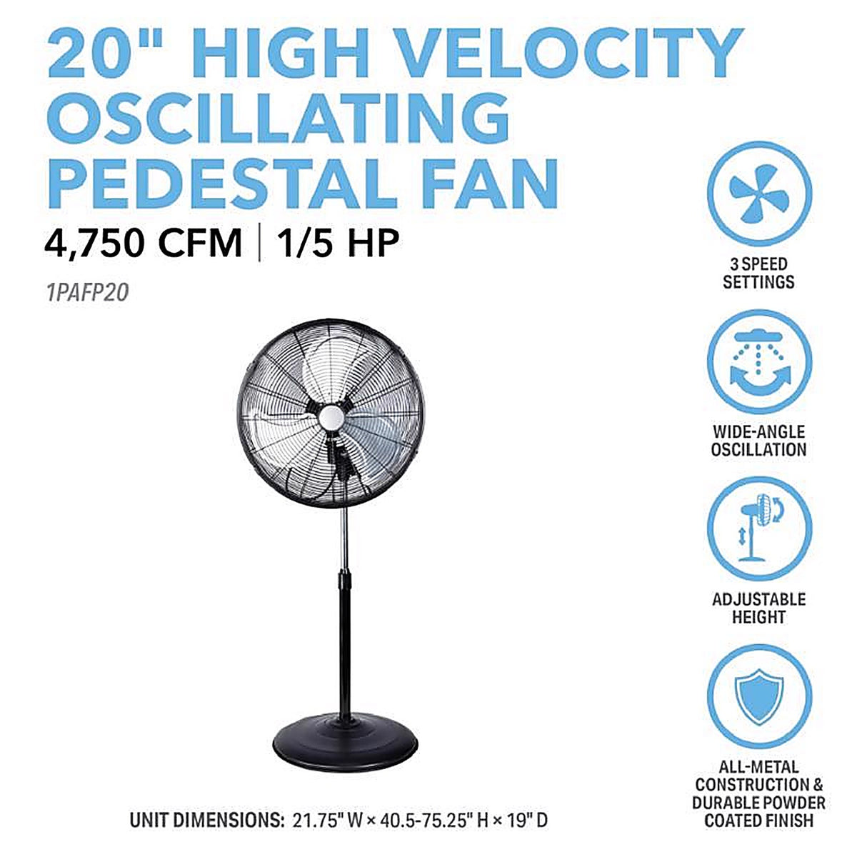 Perfect Aire - 2PAFP20 - 30.75 In. H X 20 In. D Oscillating Pedestal Fan