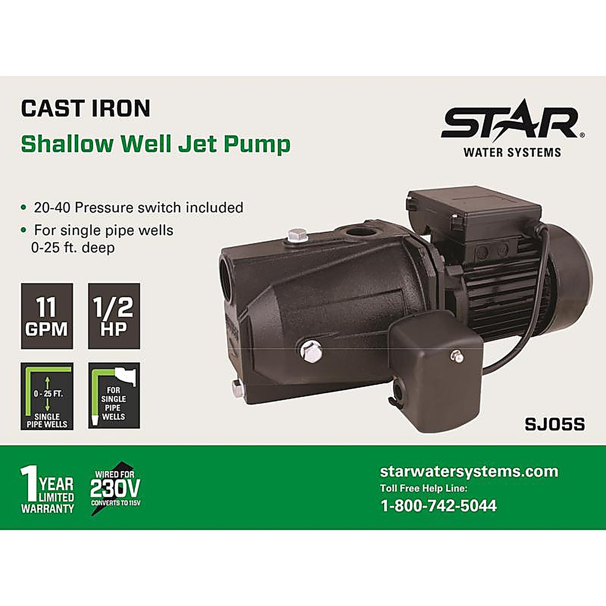 Star Water Systems - SJ05S - 1/2 HP 528 GPH Cast Iron Shallow Jet Well Pump