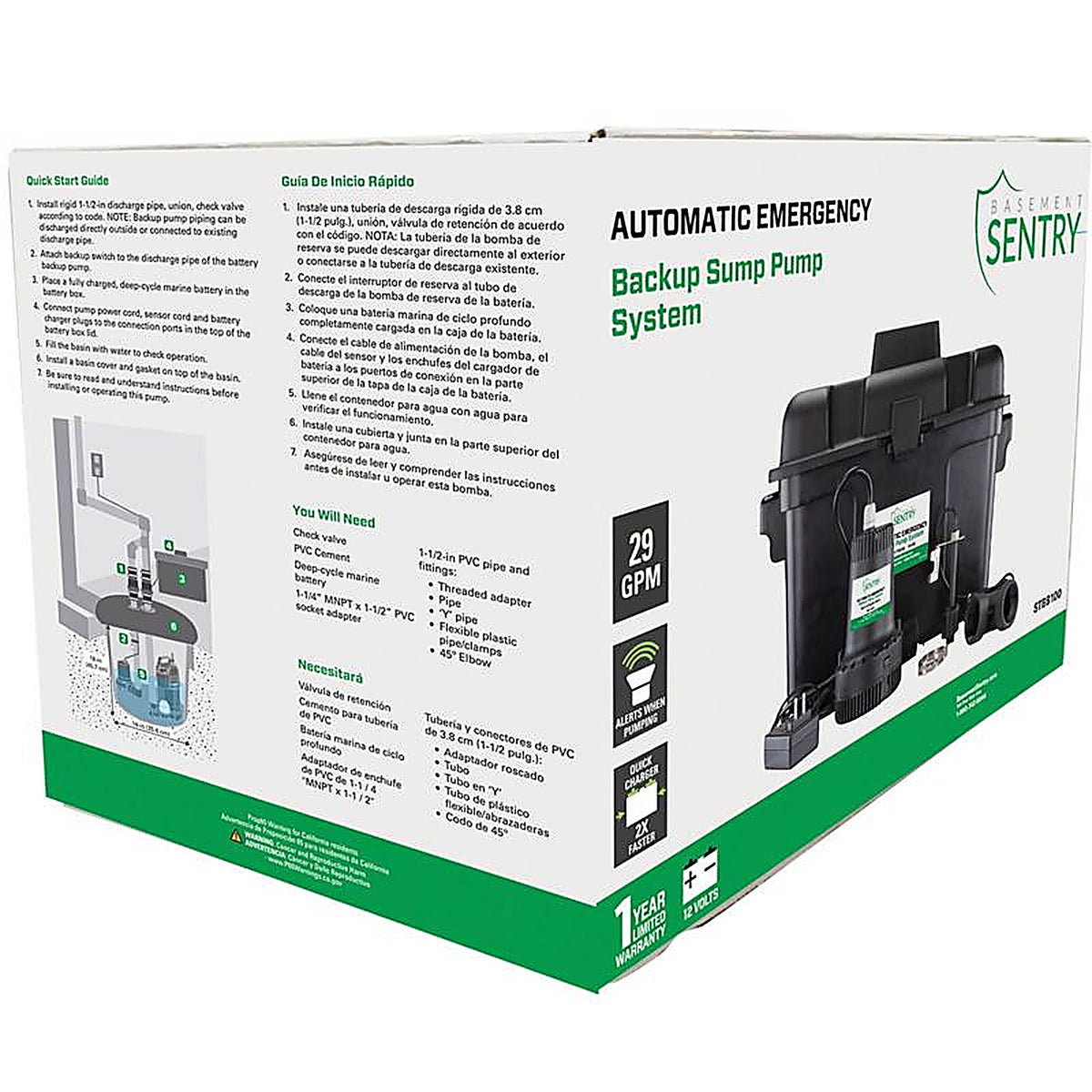 Basement Sentry - STBB100 - 1200 GPH Thermoplastic Vertical Float Switch Battery Submersible Backup Sump Pump