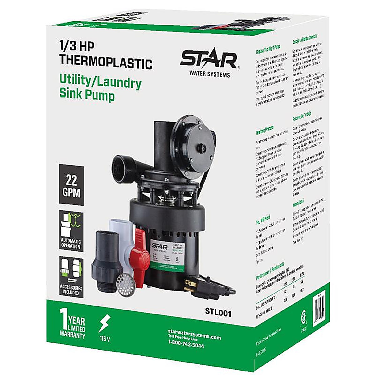 Star Water Systems - STL001 - 1/3 HP 1320 GPH Thermoplastic Diaphragm Switch Top AC Sink Pump System