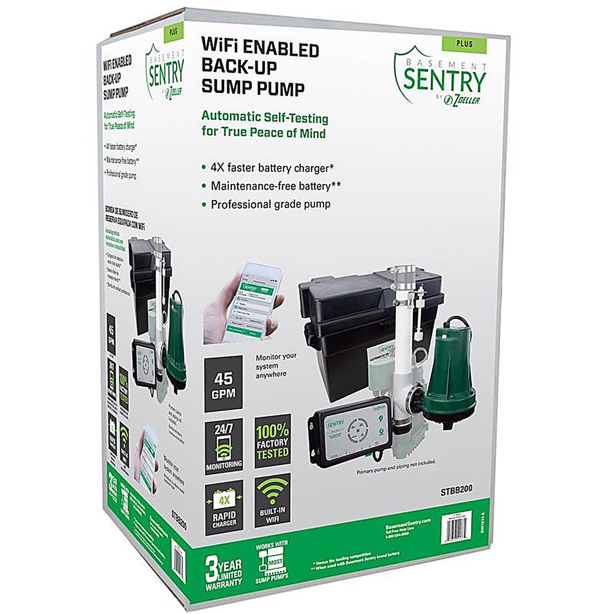 Basement Sentry - STBB200 - 2580 GPH Thermoplastic Vertical Float Switch Battery Submersible Backup Sump Pump