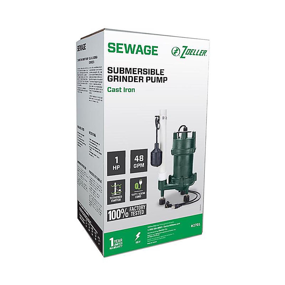 Zoeller - 2701-0005 - 1 HP 2535 GPH Cast Iron Tethered Float Switch Grinding Pump