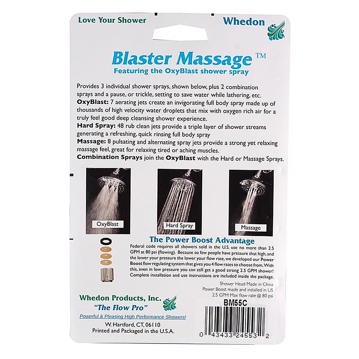 Whedon - BM55C - Blaster Massage Matte Black Plastic 5 Settings Wallmount Showerhead 2.5 GPM