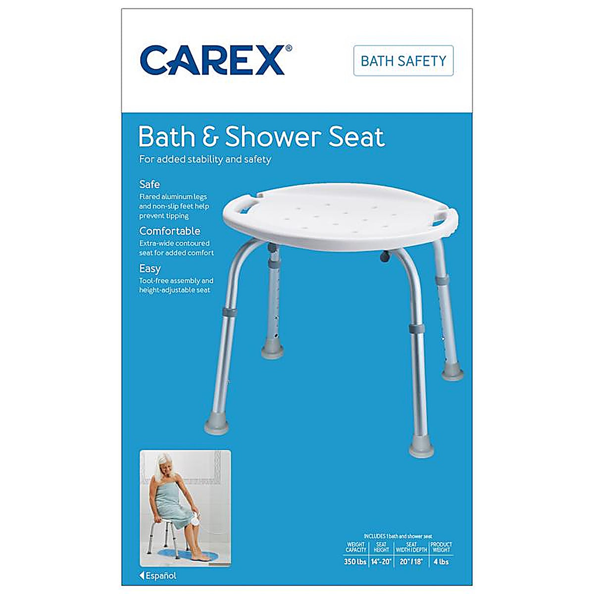 Carex - FGB75200 0000 - Health Brands Blue/White Bath/Shower Seat Aluminum 20.5 In. H X 20 In. L