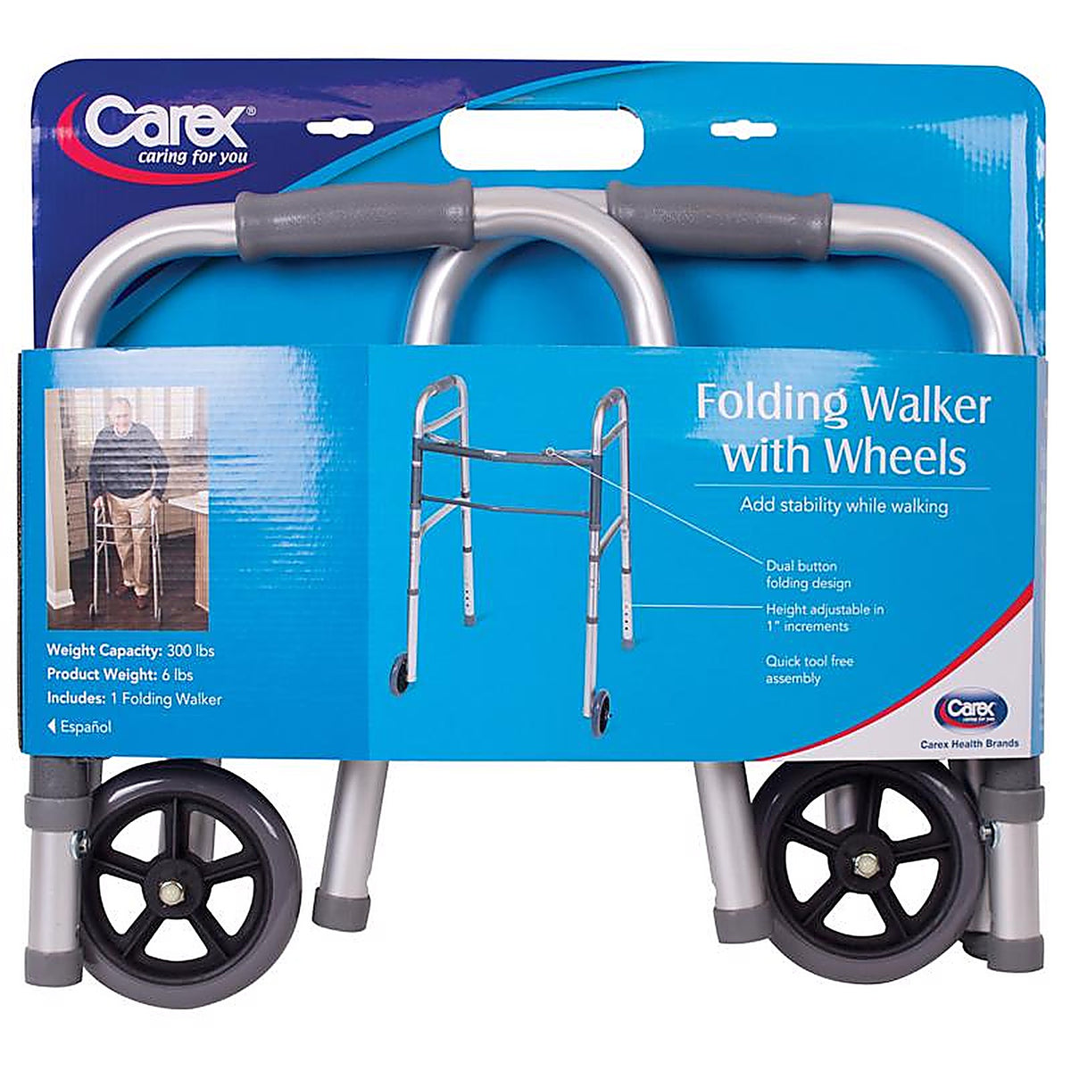 Carex - FGA87100 0000 - Health Brands Gray Folding Walker w/Wheels Aluminum 37 In. H X 18.63 In. L
