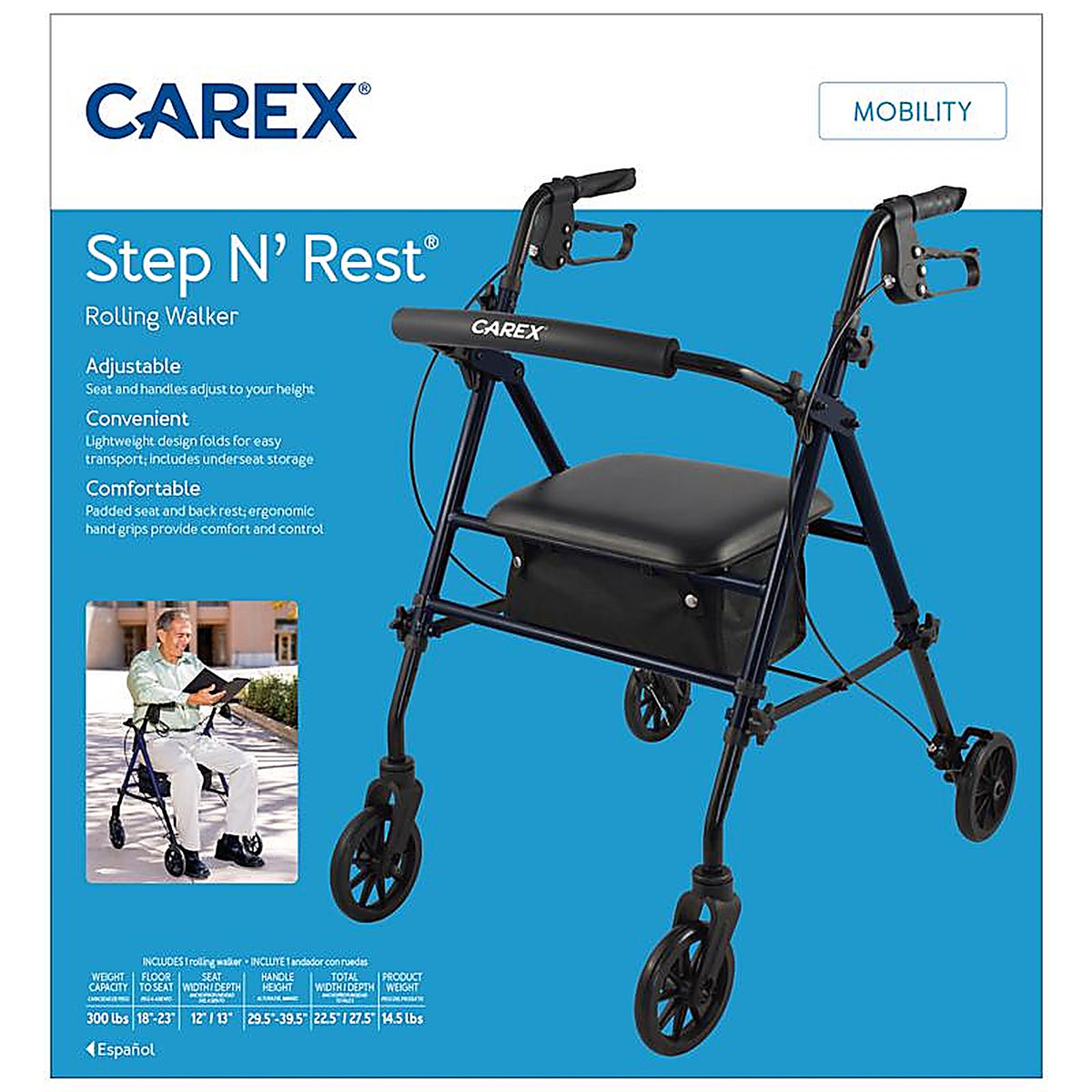 Carex - FGA22300 0000 - Health Brands Step N Rest Blue Rolling Walker Aluminum/Plastic 39 In. H X 22.5 In. L