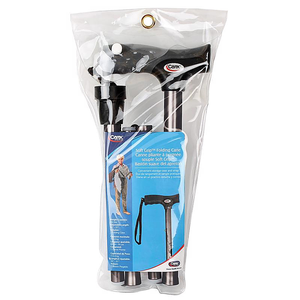 Carex - FGA53700 0000 - Health Brands Black Soft-Grip Folding Cane w/Strap Aluminum/Plastic 37 In. H X 5.06 In. L