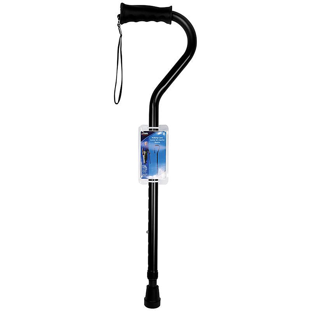 Carex - FGA58000 0000 - Health Brands Black Offset Walking Cane w/Strap Aluminum/Plastic 39.5 In. H X 6.8 In. L