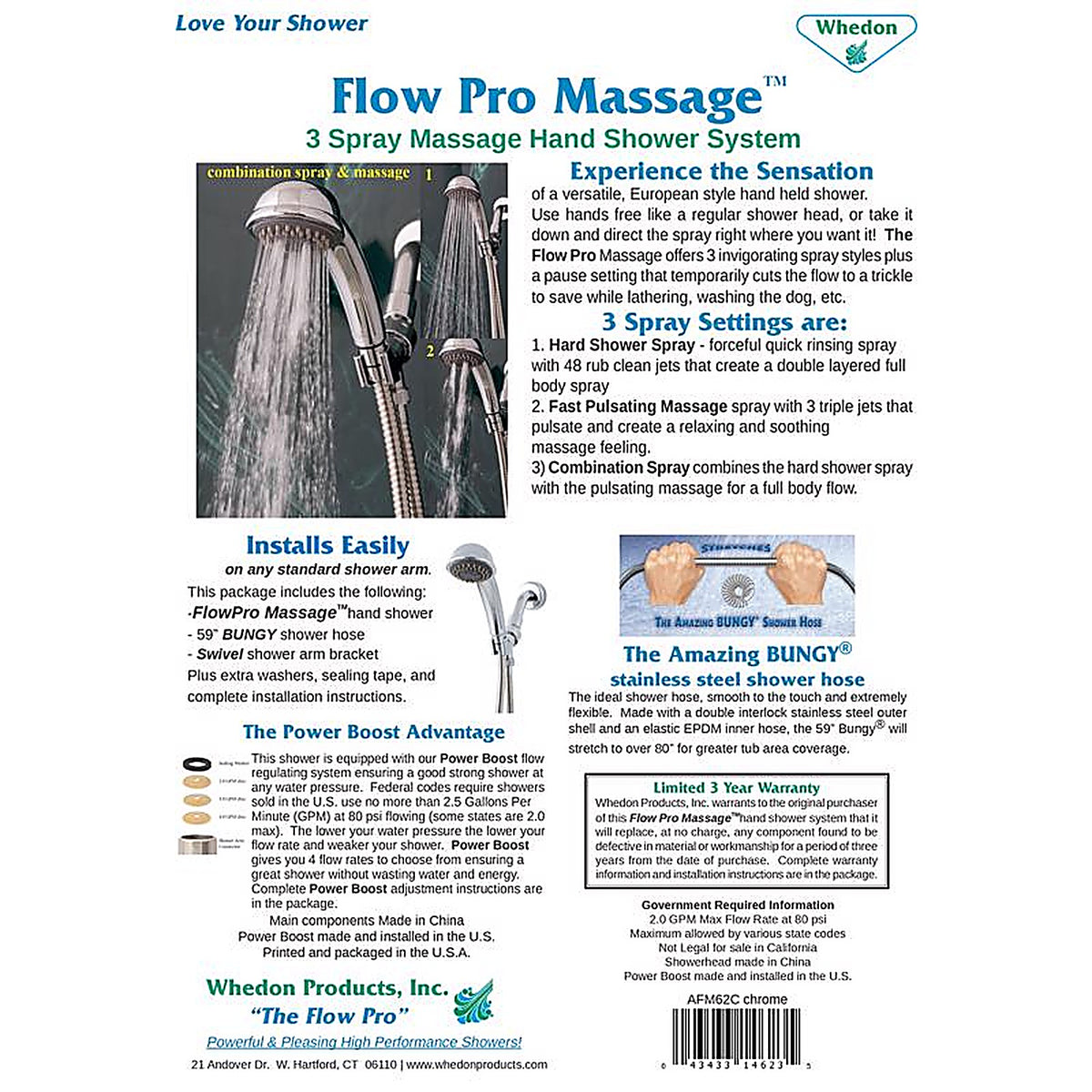 Whedon - AFM62C - Flow Pro Polished Chrome Plastic 3 Settings Handheld Showerhead 2 GPM