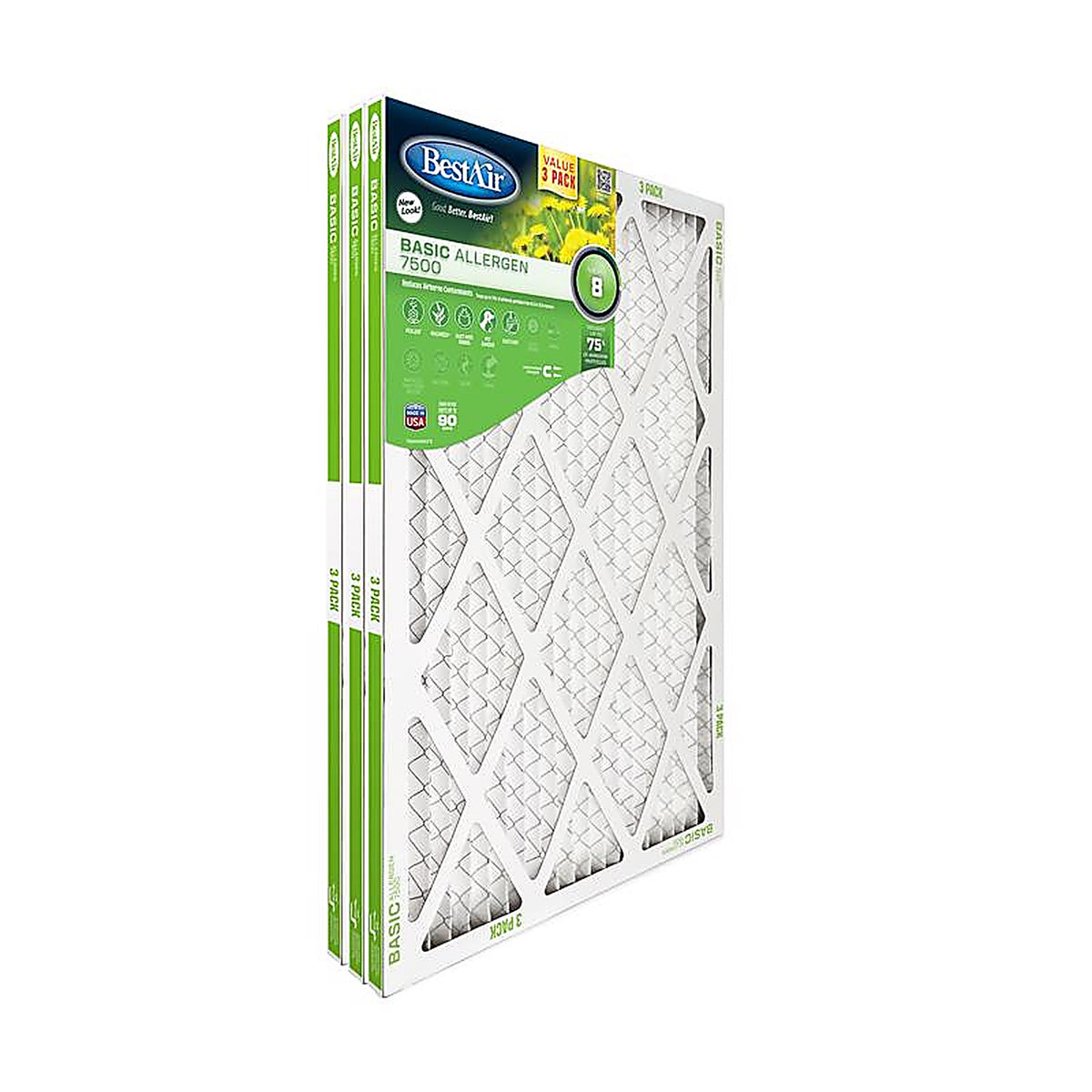 Bestair - B1-1625-8-3VP4 - 16 In. W X 25 In. H X 1 In. 8 MERV Pleated Air Filter 3 Pack