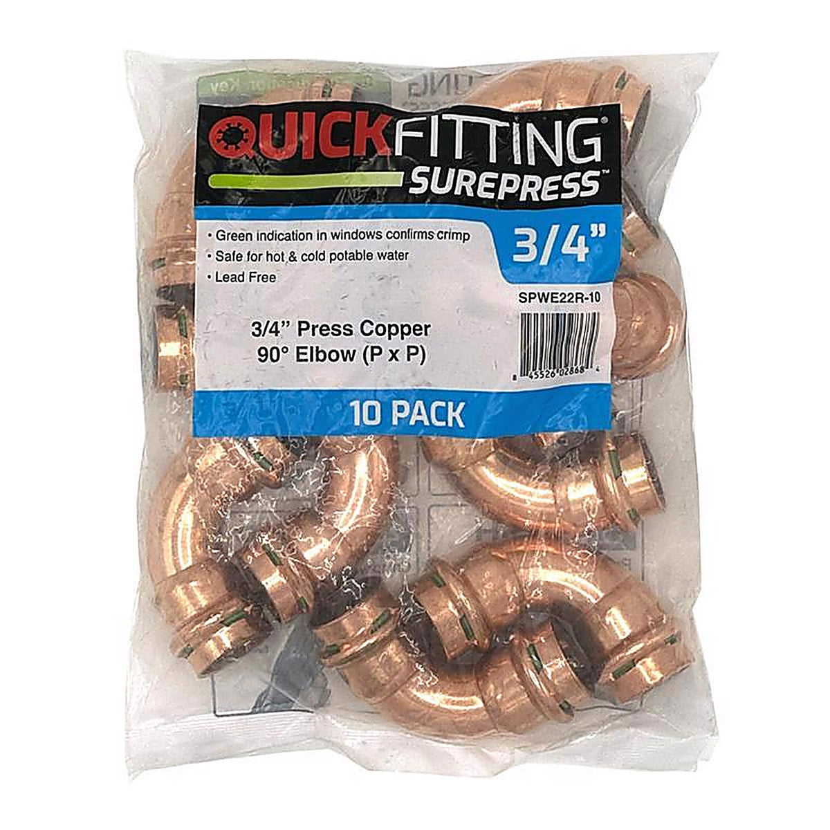 QuickFitting - SPWE22R-10 - 3/4 In. Press In. X 3/4 In. D Press In. Copper 90 Degree Elbow 10 Pack