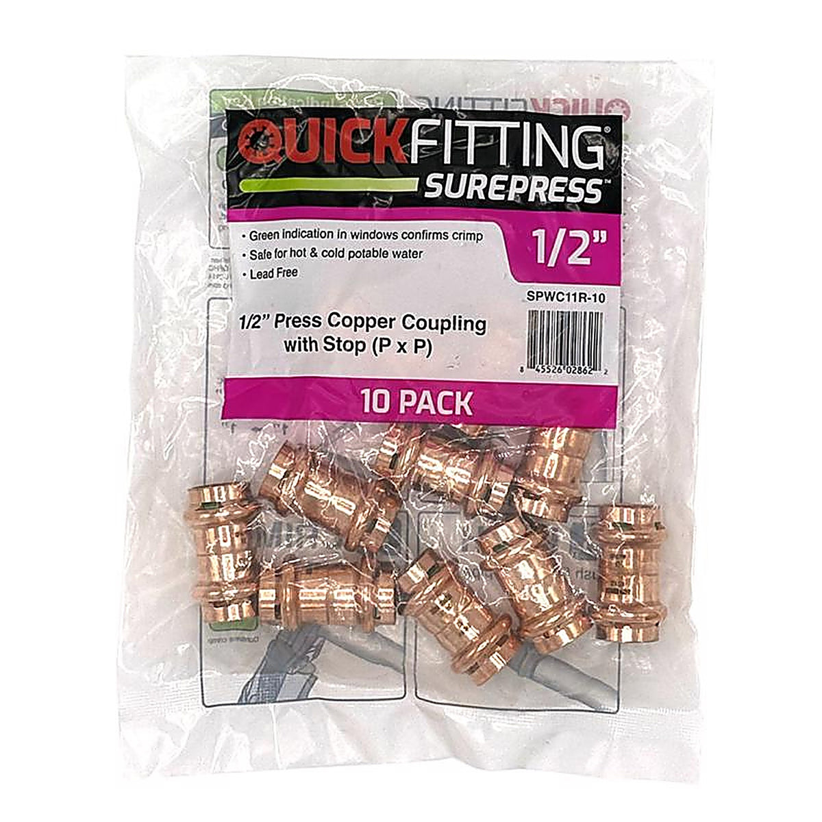 QuickFitting - SPWC11R-10 - 1/2 In. Press In. X 1/2 In. D Press In. Copper Coupling with Stop