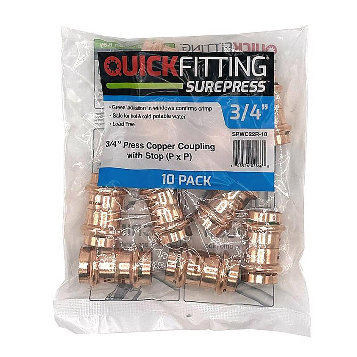 QuickFitting - SPWC22R-10 - 3/4 In. Press In. X 3/4 In. D Press In. Copper Coupling with Stop