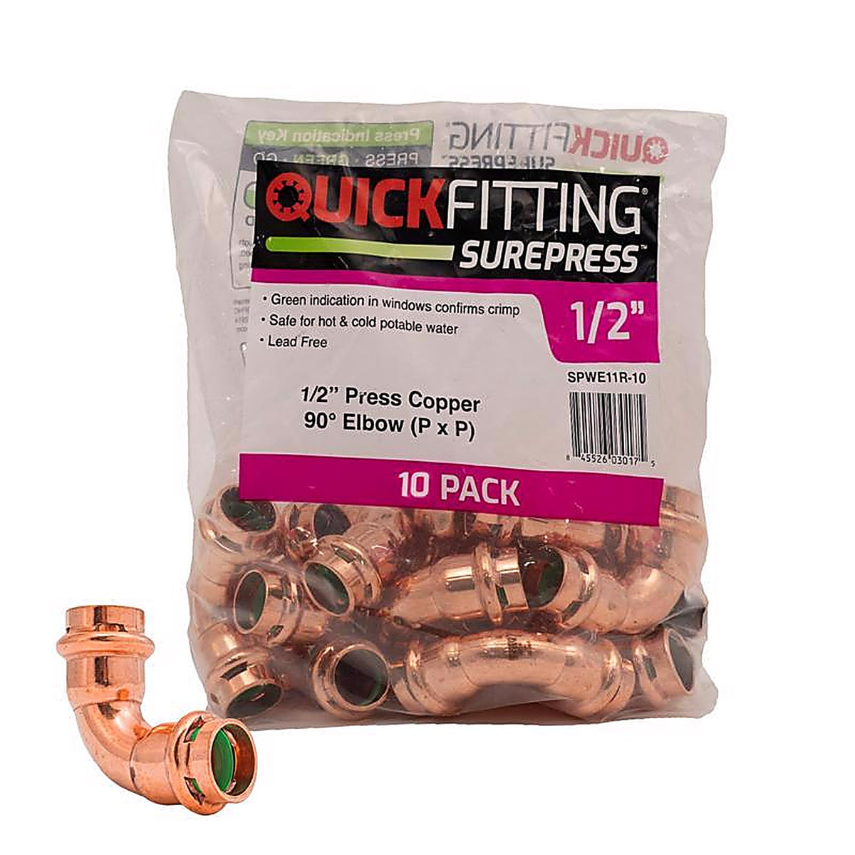 QuickFitting - SPWE11R-10 - 1/2 In. Press Each X 1/2 In. D Press Each Copper 90 Degree Elbow 10 Pack