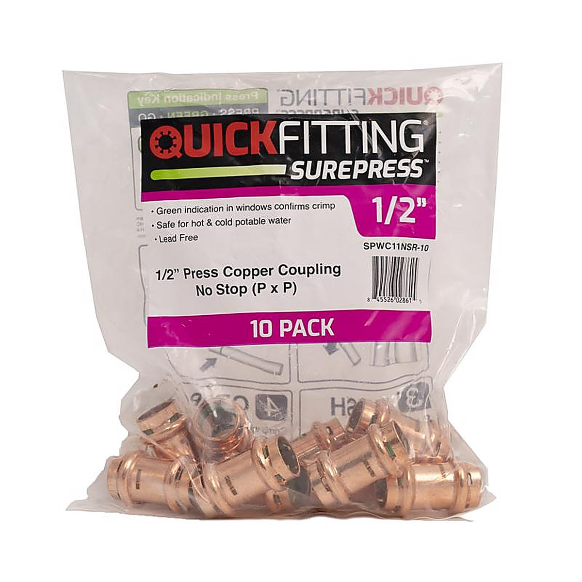 QuickFitting - SPWC11NSR-10 - 1/2 In. Press In. Press In. Copper Coupling Without Stop 10 Pack