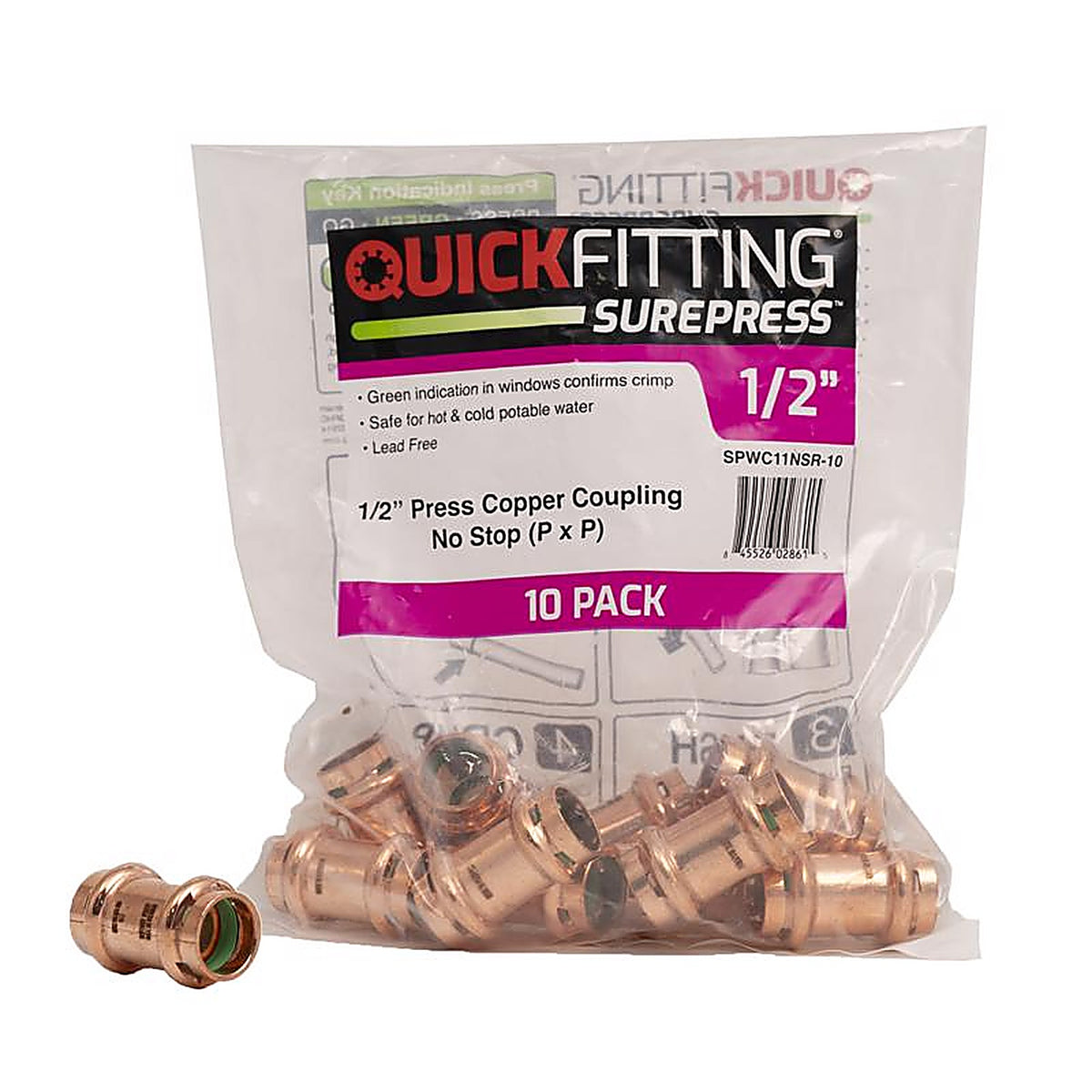 QuickFitting - SPWC11NSR-10 - 1/2 In. Press In. Press In. Copper Coupling Without Stop 10 Pack