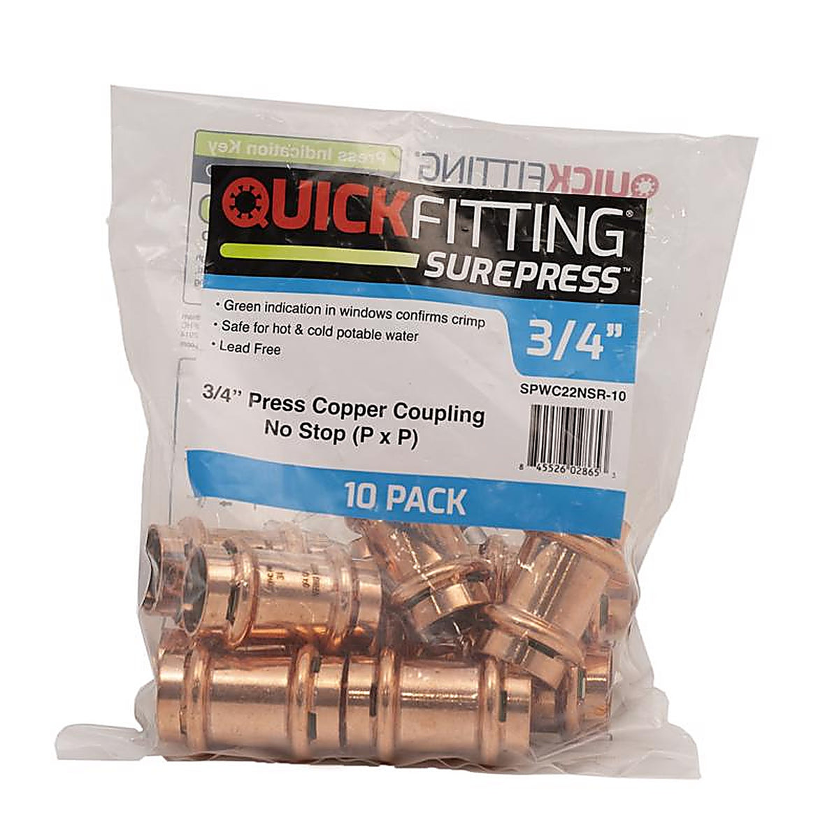 QuickFitting - SPWC22NSR-10 - 3/4 In. Press In. Press In. Copper Coupling Without Stop 10 Pack