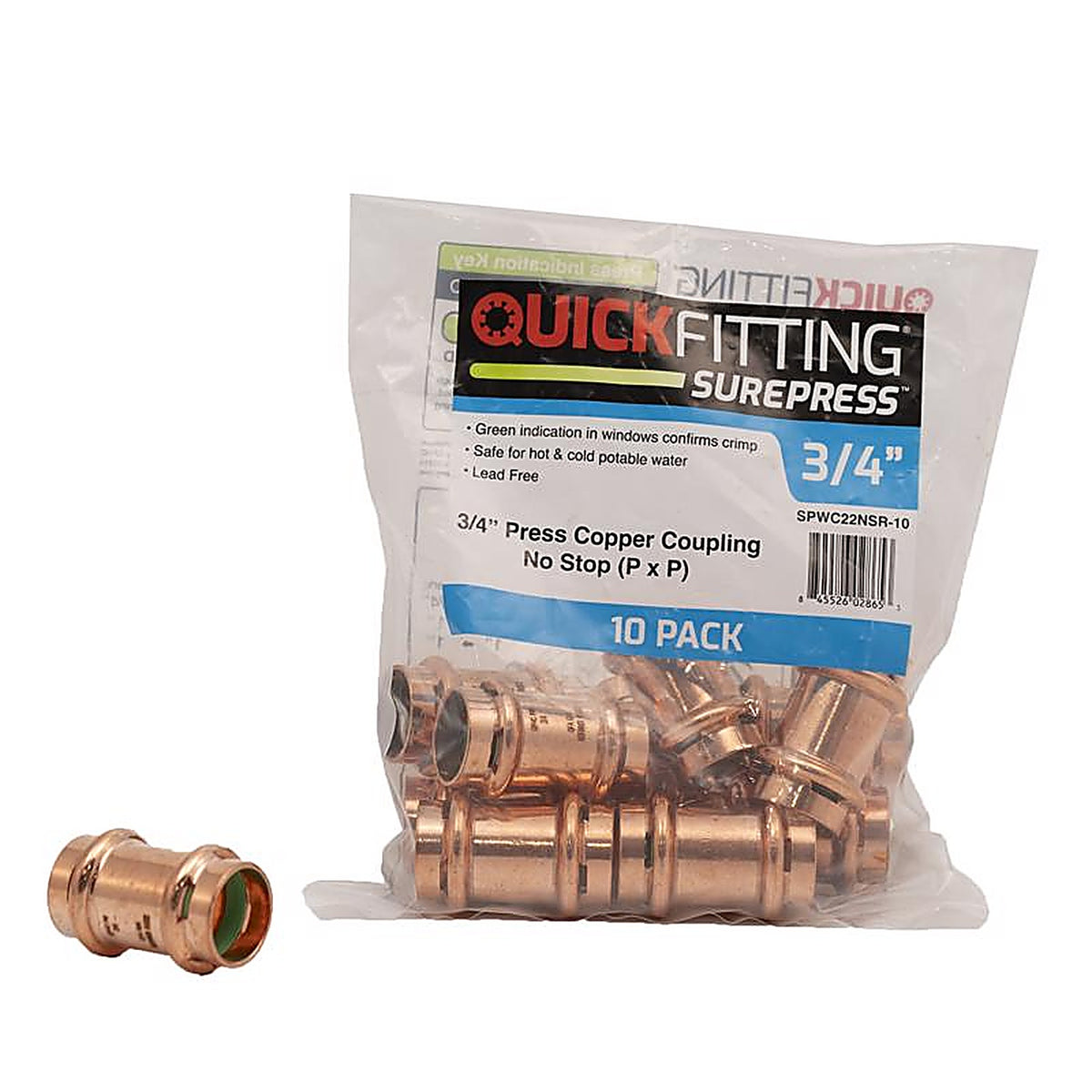 QuickFitting - SPWC22NSR-10 - 3/4 In. Press In. Press In. Copper Coupling Without Stop 10 Pack