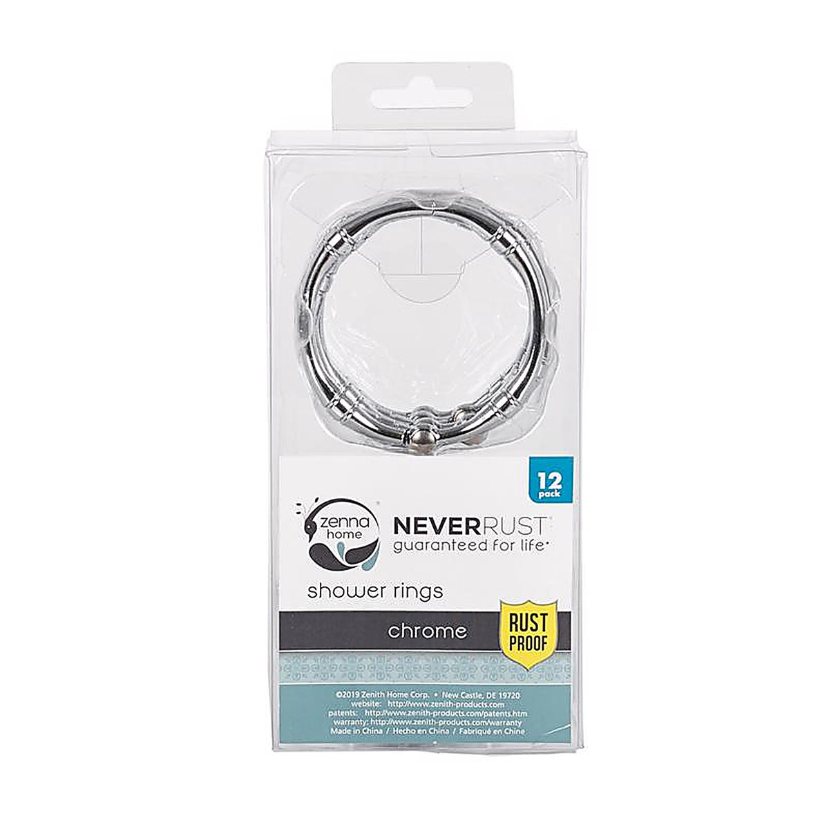 Zenna Home - HR05SSL - Chrome Silver Metal Shower Curtain Rings 12 Pack