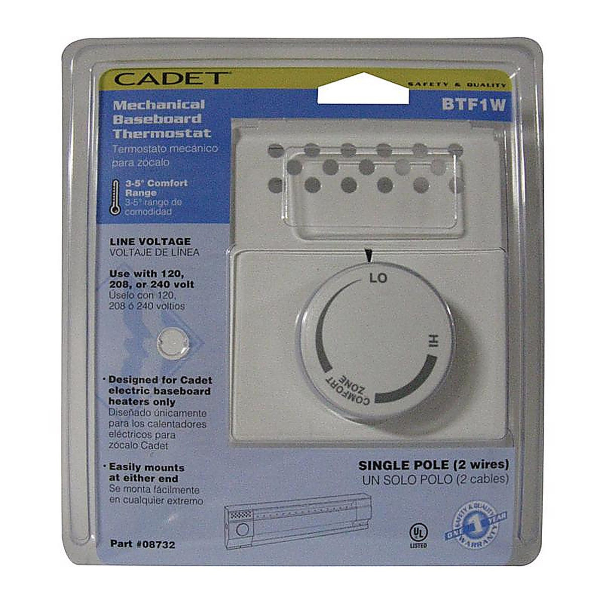 Cadet - 08732 - Heating and Cooling Dial Single Pole Line Voltage Baseboard Thermostat