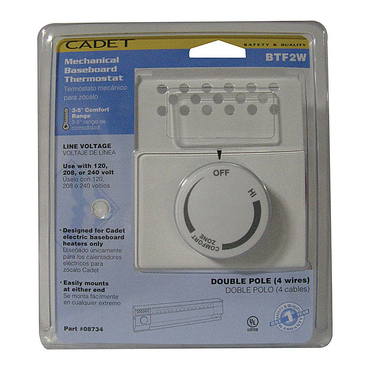 Cadet - 08734 - Heating and Cooling Dial Double Pole Line Voltage Baseboard Thermostat