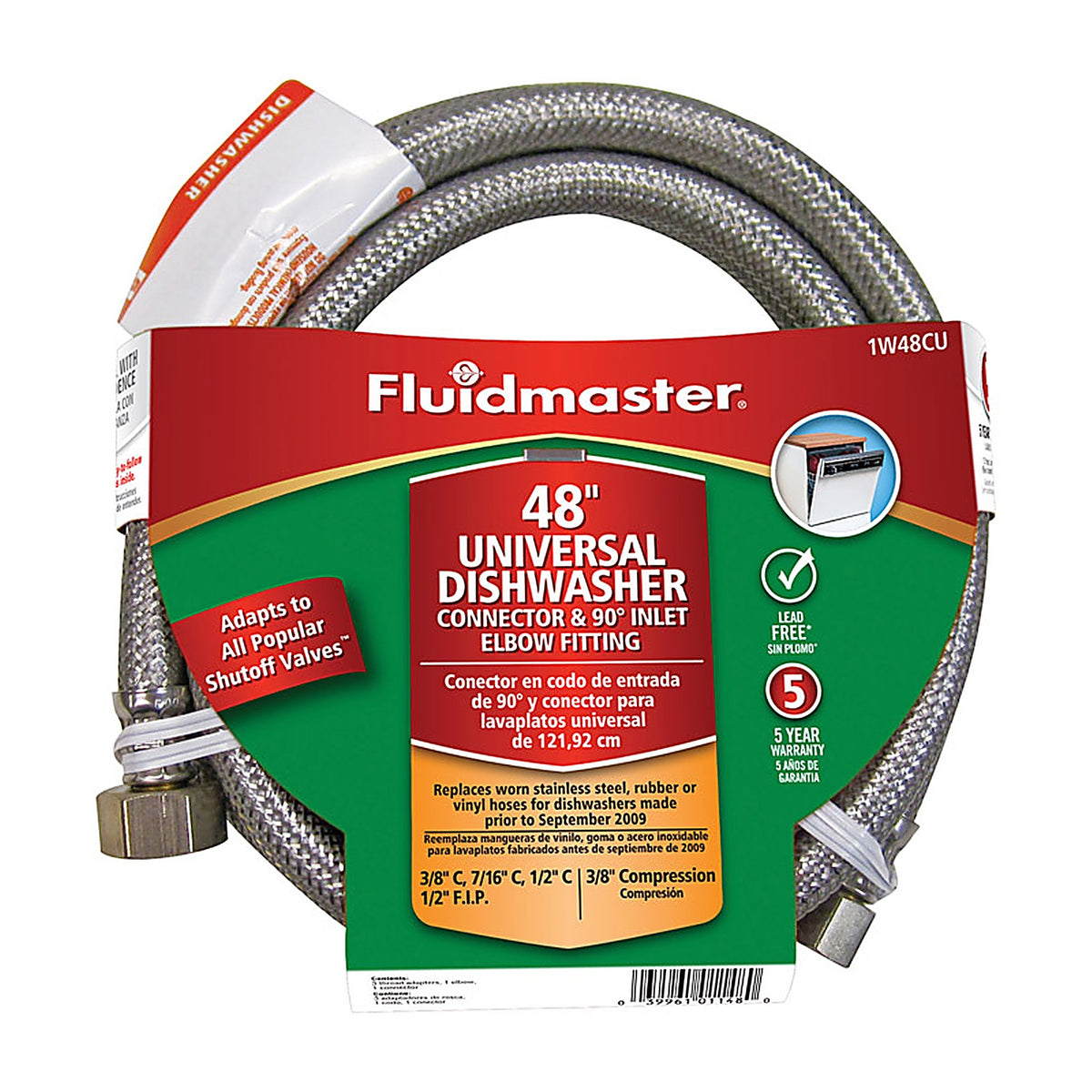 Fluidmaster - 1W48CU - 3/8 In. Compression X 1/2 In. D Compression 48 In. Stainless Steel Dishwasher Supply Lin