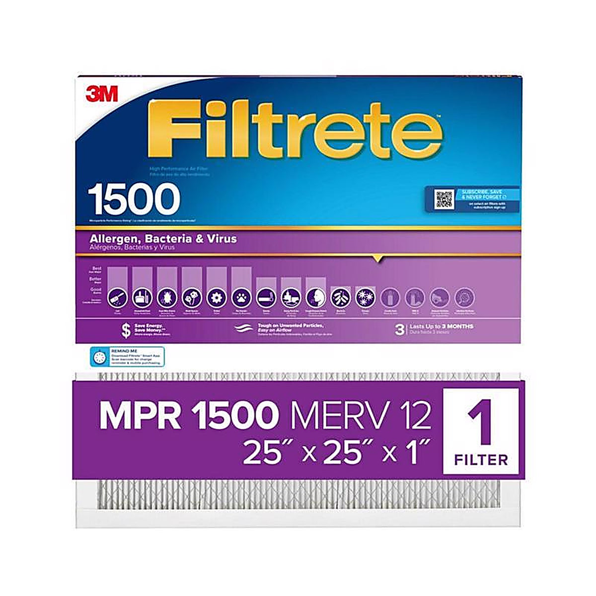 3M 2015DC-4 Filtrete 25 in. W X 25 in. H X 1 in. D 12 MERV Pleated Air Filter 1 pk