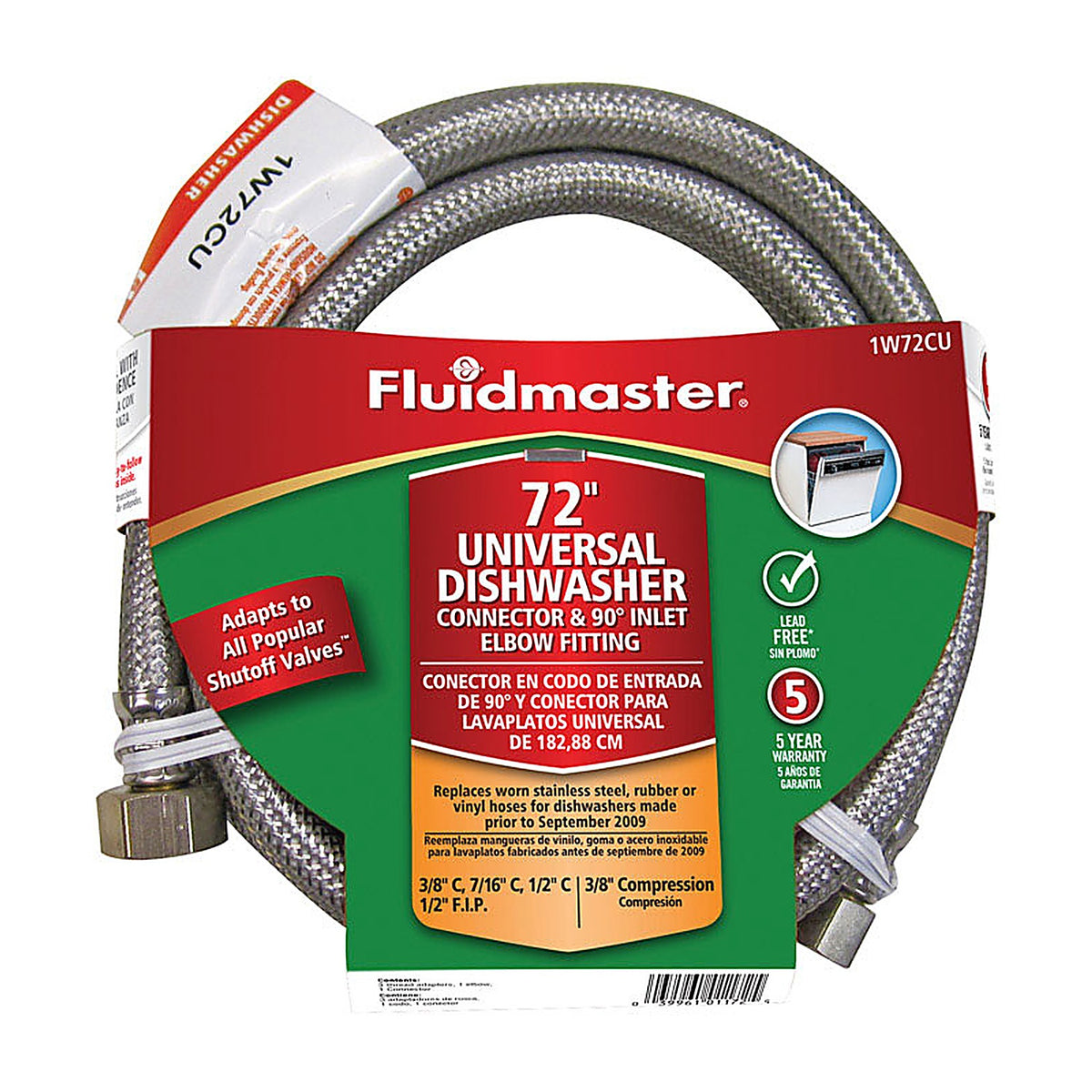 Fluidmaster - 1W72CU - 3/8 In. Compression X 1/2 In. D Fip 72 In. Stainless Steel Dishwasher Supply Line