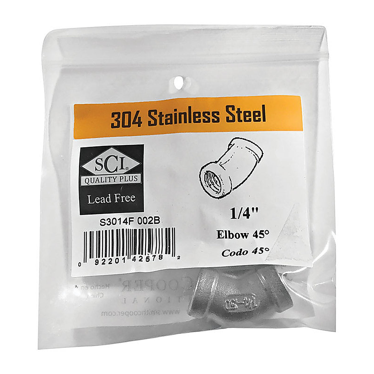 Smith-Cooper - 4638100610 - 1/4 In. FPT X 1/4 In. D FPT Threaded Stainless Steel 45 Degree Elbow