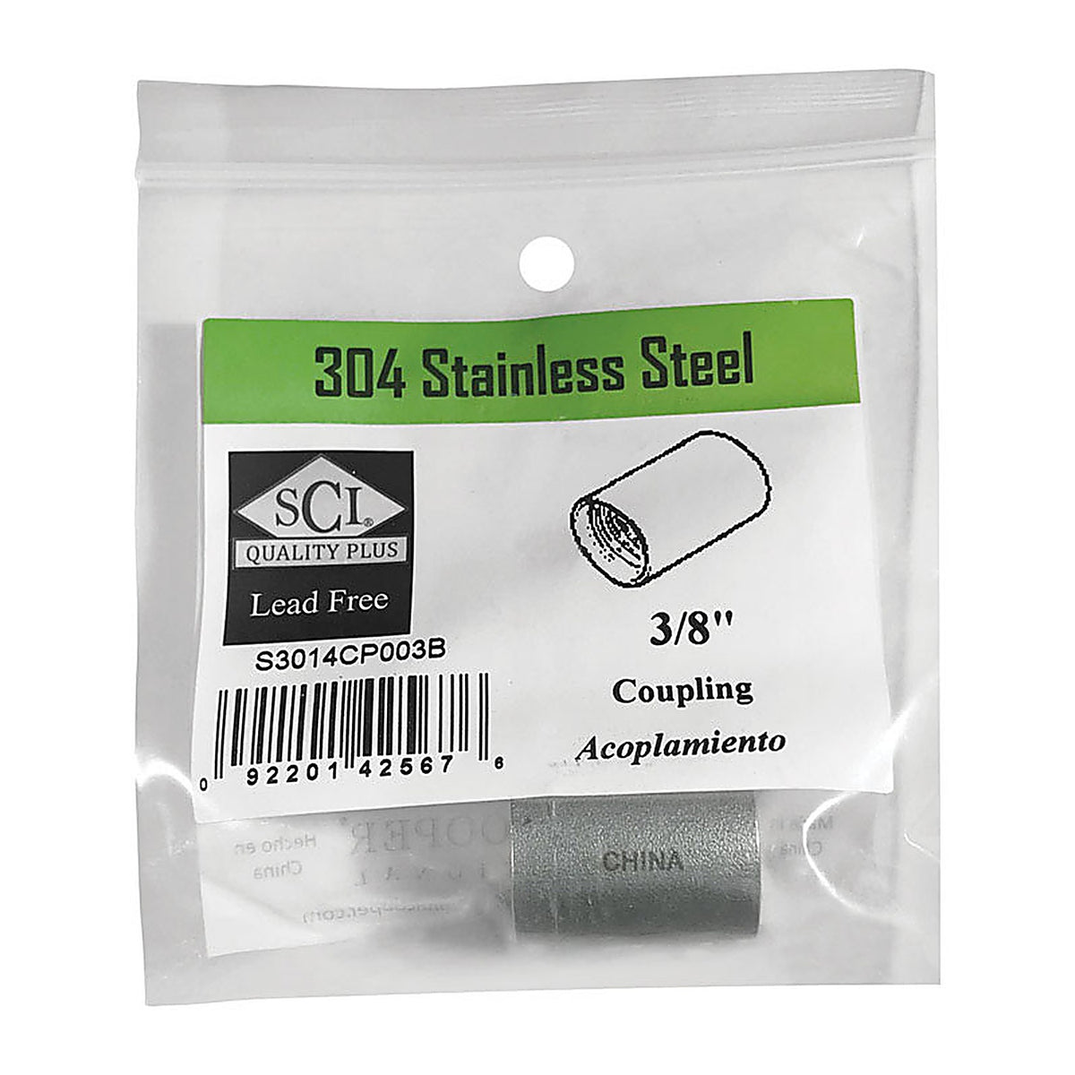 Smith-Cooper - 4638100220 - 3/8 In. FPT X 3/8 In. D FPT Stainless Steel Coupling