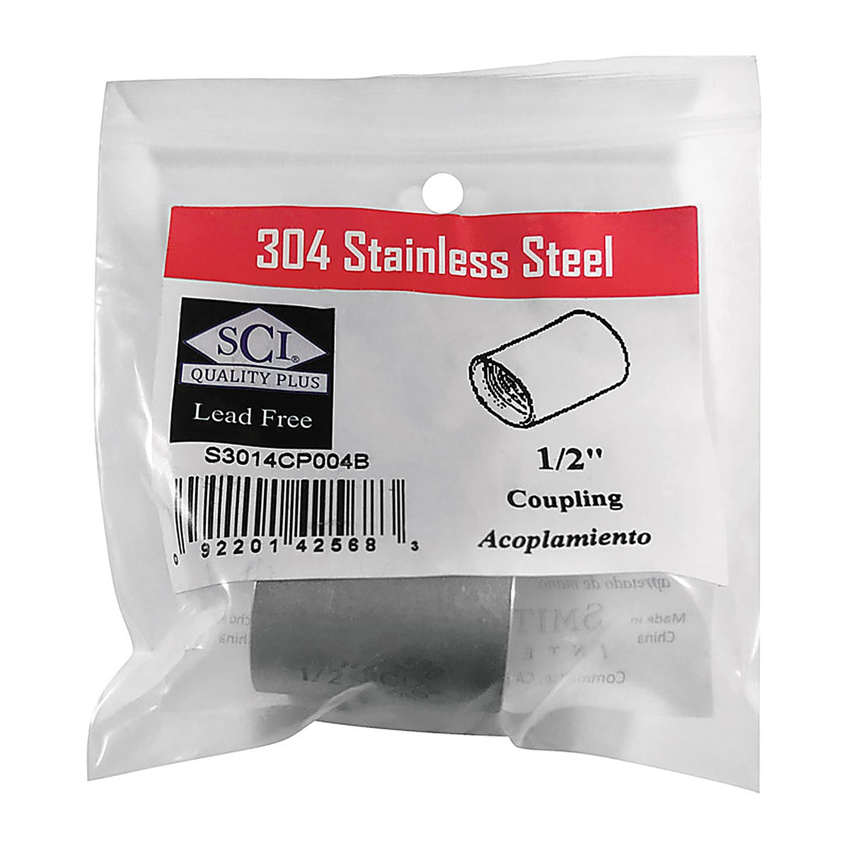 Smith-Cooper 4638100230 1/2 in. FPT x 1/2 in. Dia. FPT Stainless Steel Coupling