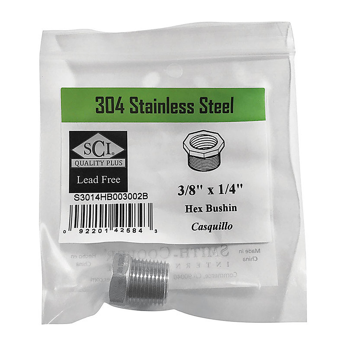 Smith-Cooper - 4638101010 - 3/8 In. MPT X 1/4 In. D FPT Stainless Steel HEX Bushing