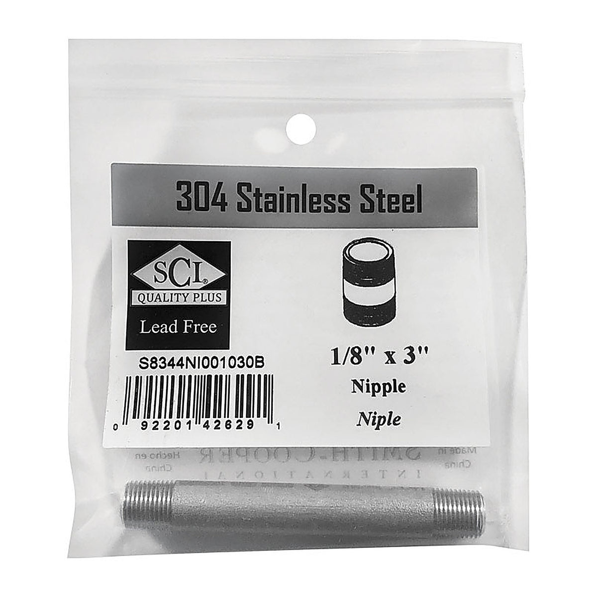 Smith-Cooper S8344NI001030B 1/8 in. MPT x 3 in. L Stainless Steel Nipple