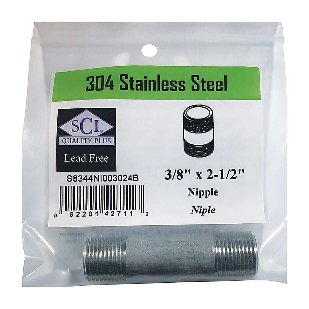 Smith-Cooper 4632100630 3/8 in. MPT x 2-1/2 in. L Stainless Steel Nipple