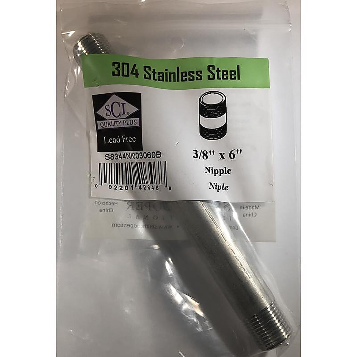 Smith-Cooper 4632100670 3/8 in. MPT x 6 in. L Stainless Steel Nipple