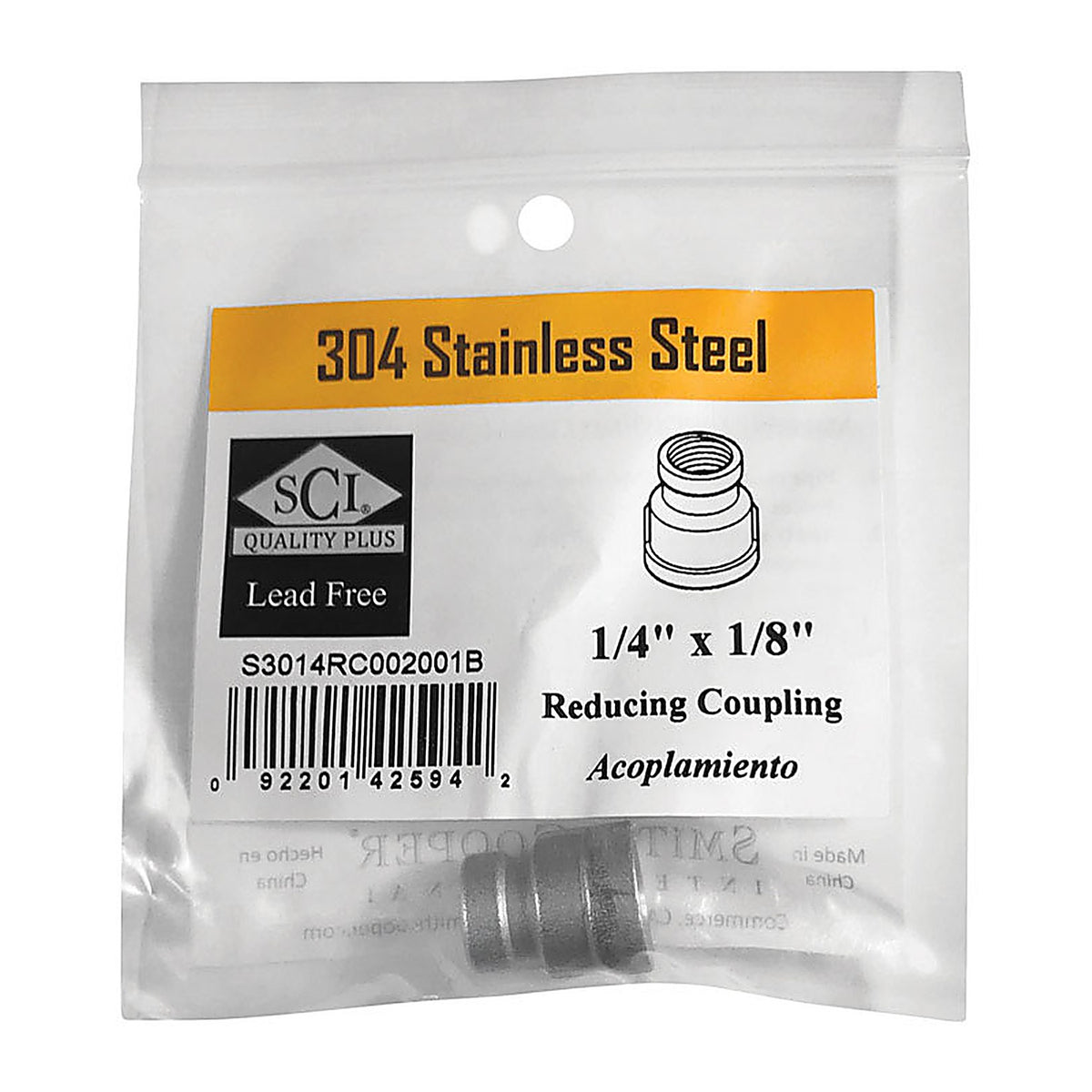 Smith-Cooper - 4638101160 - 1/4 In. FPT X 1/8 In. D FPT Stainless Steel Reducing Coupling
