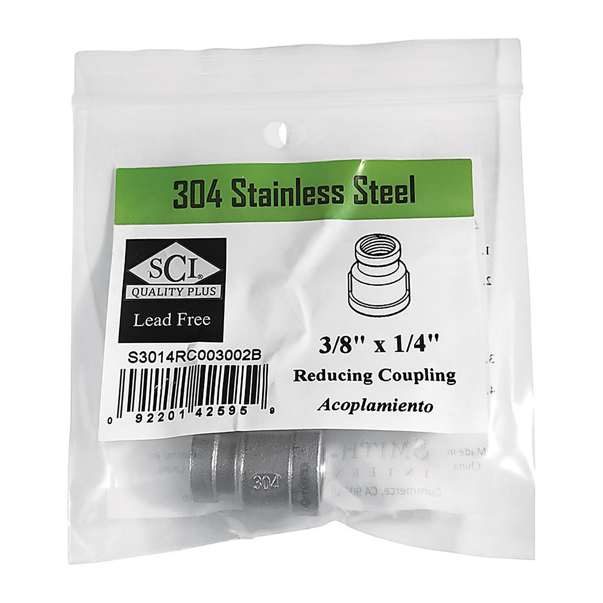 Smith-Cooper - 4638101170 - 3/8 In. FPT X 1/4 In. D FPT Stainless Steel Reducing Coupling