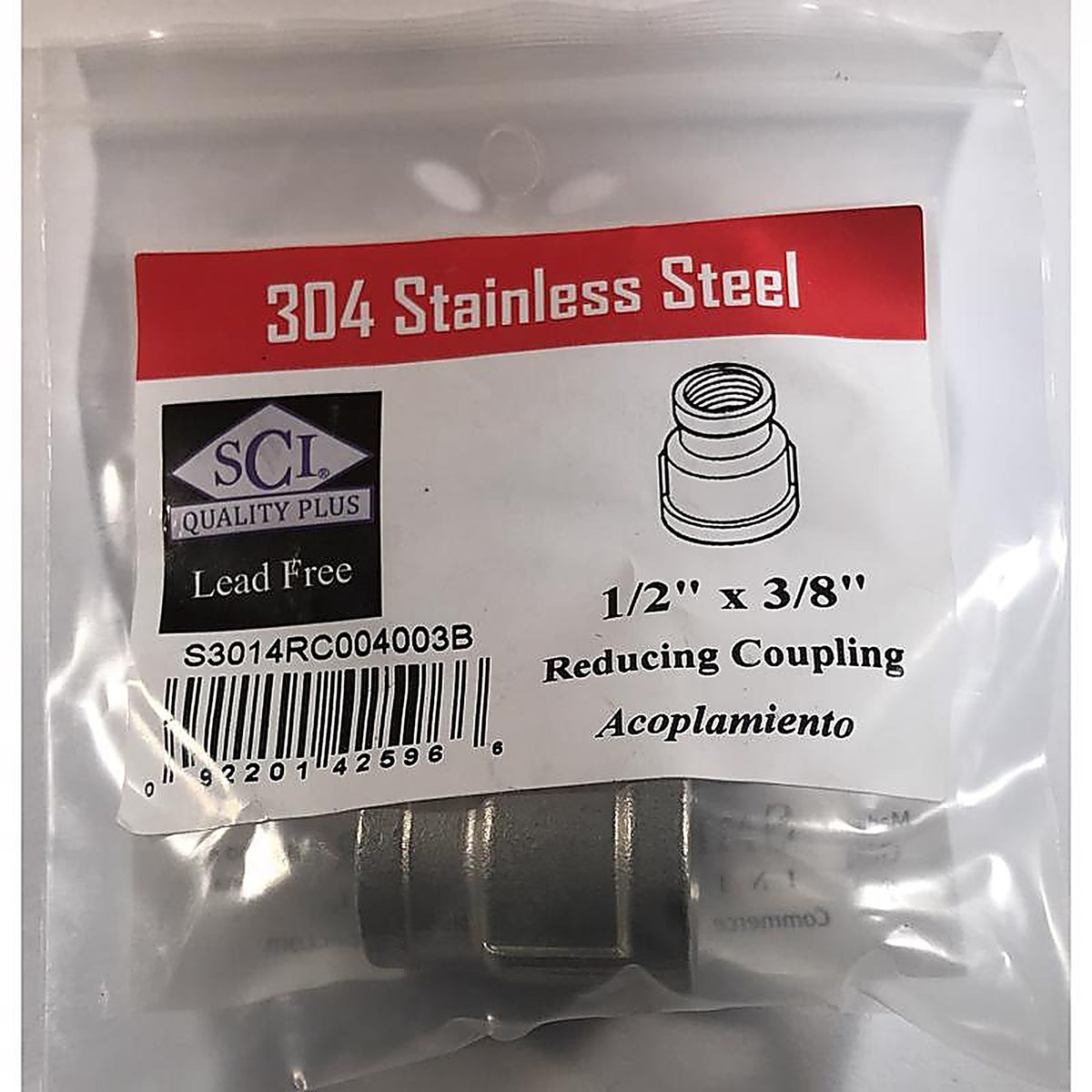 Smith-Cooper - 4638101180 - 1/2 In. FPT X 3/8 In. D FPT Stainless Steel Reducing Coupling
