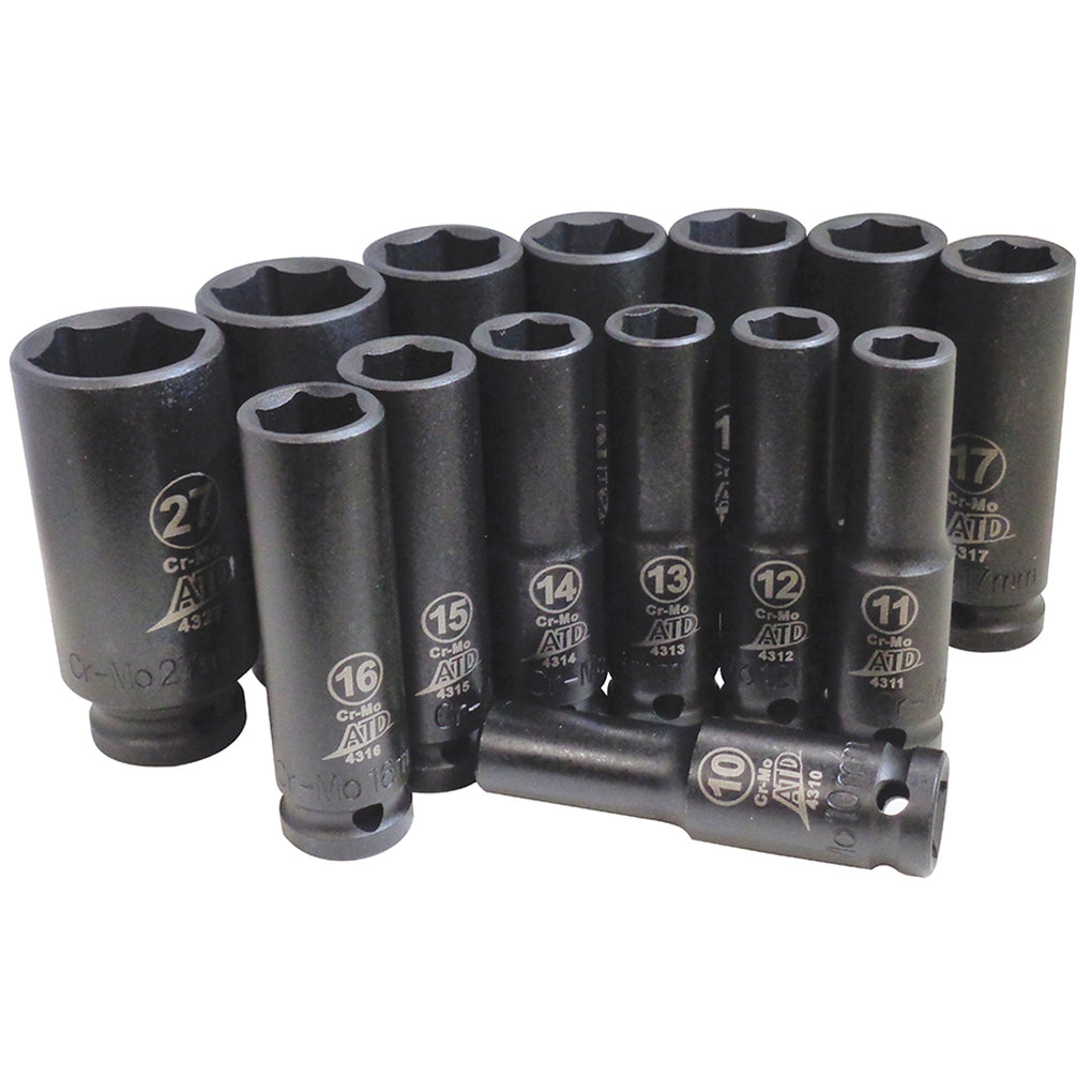 ATD 4301 14/pc 1/2in. Drive 6 Point Metric Deep Impact Socket Set