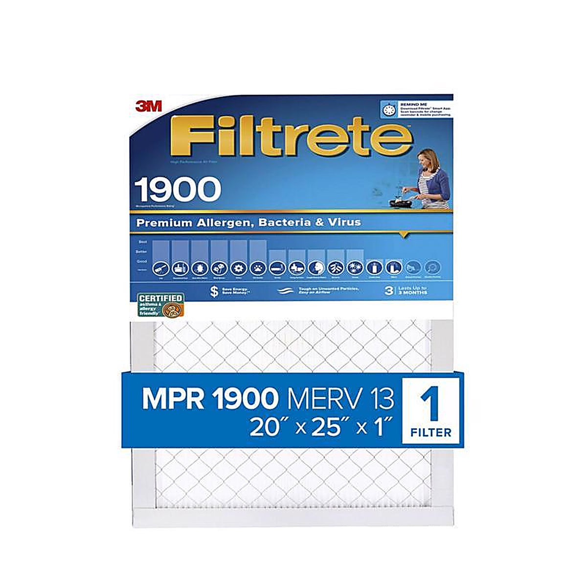3M UA03-4 Filtrete 20 in. W X 25 in. H X 1 in. D Fiberglass 13 MERV Pleated Allergen Air Filter 1 pk