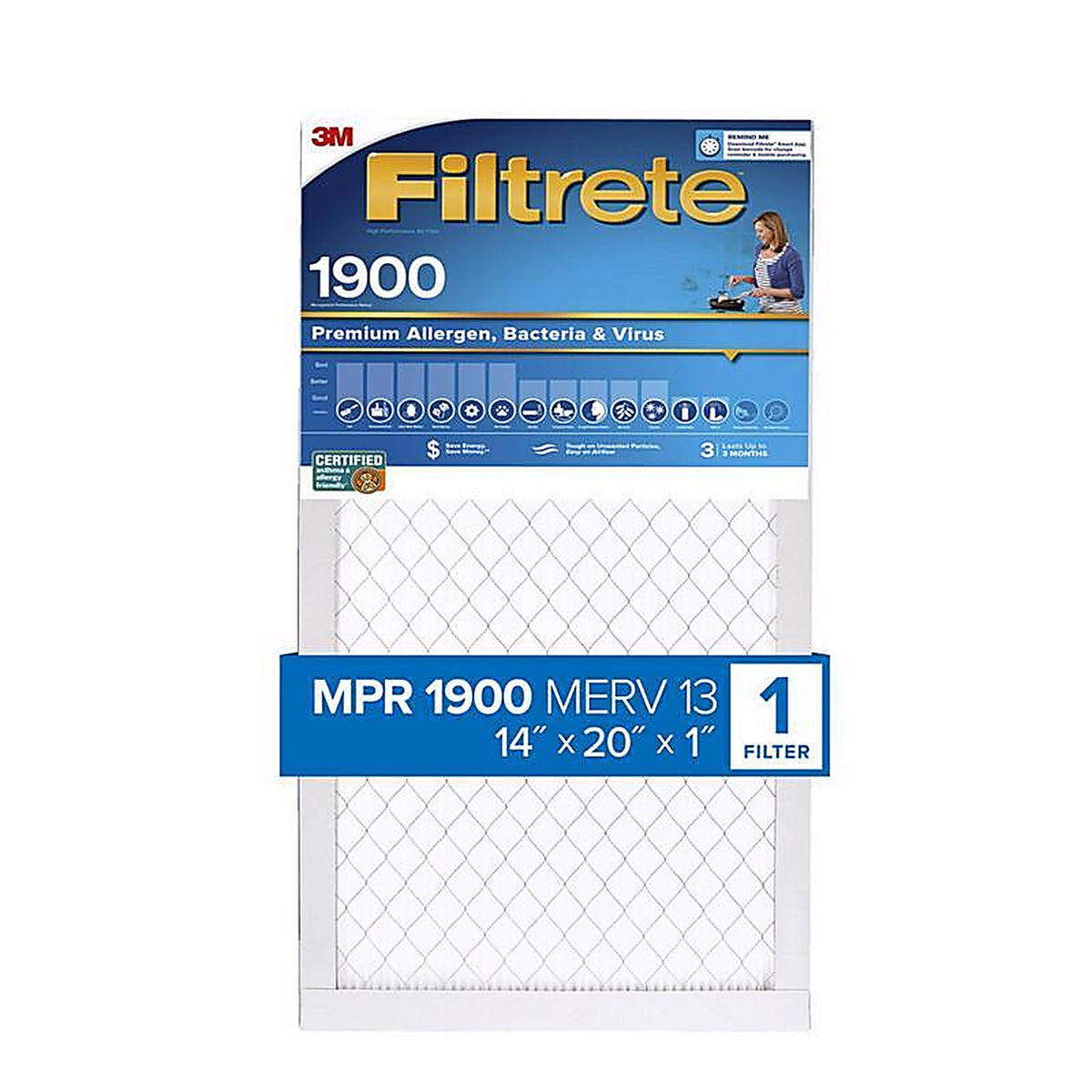 3M UA05-4 Filtrete 14 in. W X 20 in. H X 1 in. D Fiberglass 13 MERV Pleated Allergen Air Filter 1 pk