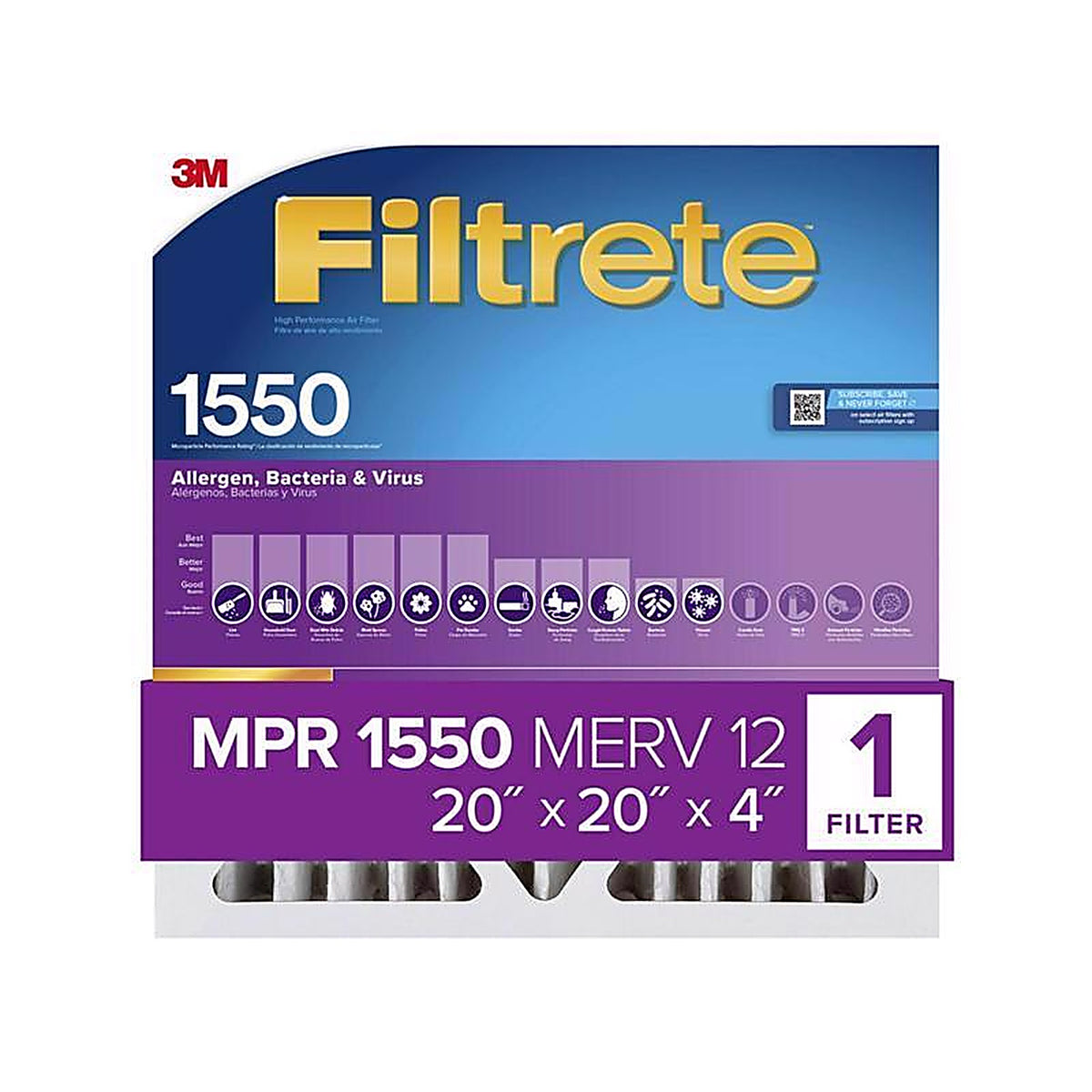 3M - NDP02-4IN-4 - Filtrete 20 In. W X 20 In. H X 4 In. Polyester 12 MERV Pleated Allergen Air Filter 1 Pack