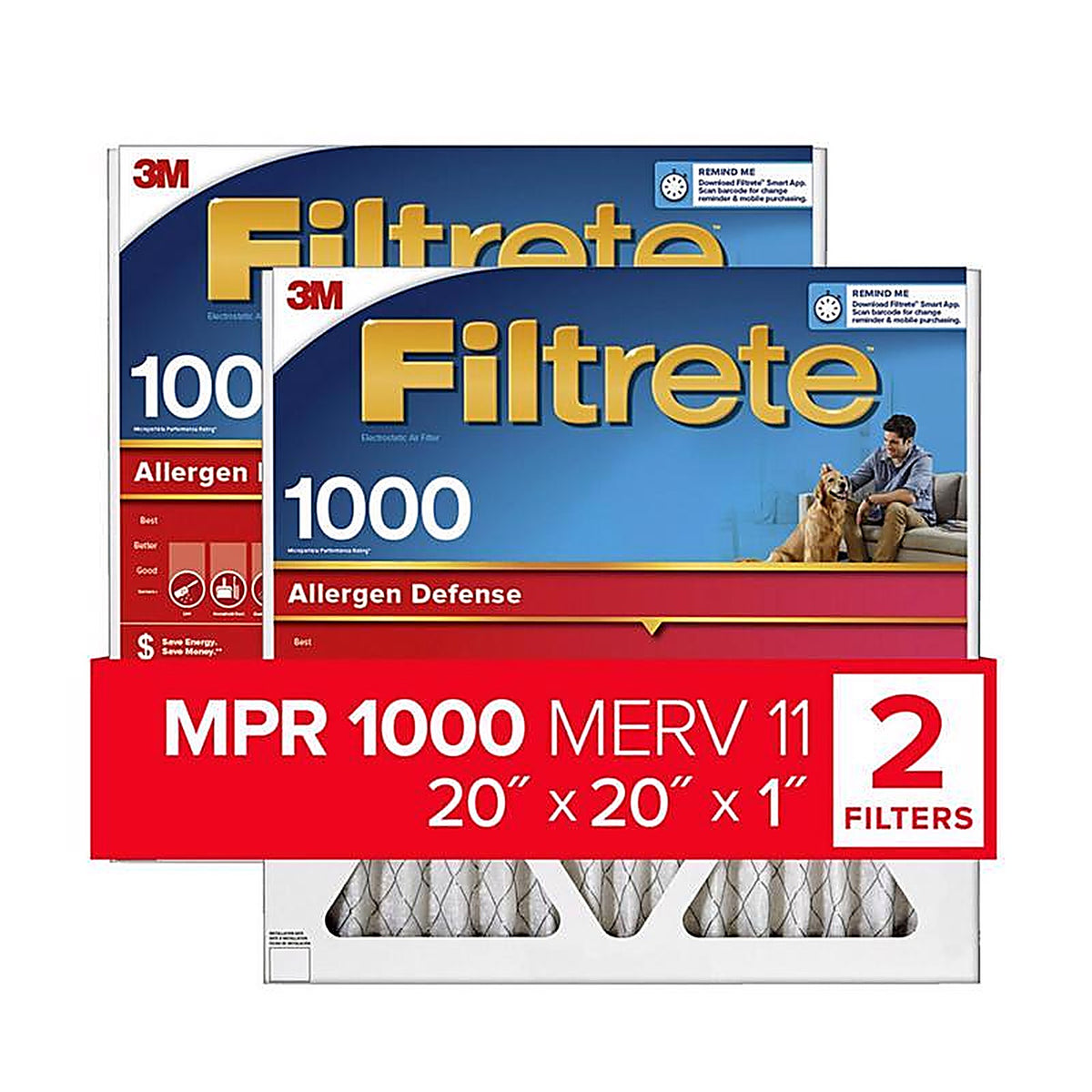 3M 9802-2PK-HDW Filtrete 20 in. W x 20 in. H x 1 in. D 11 MERV Pleated Air Filter