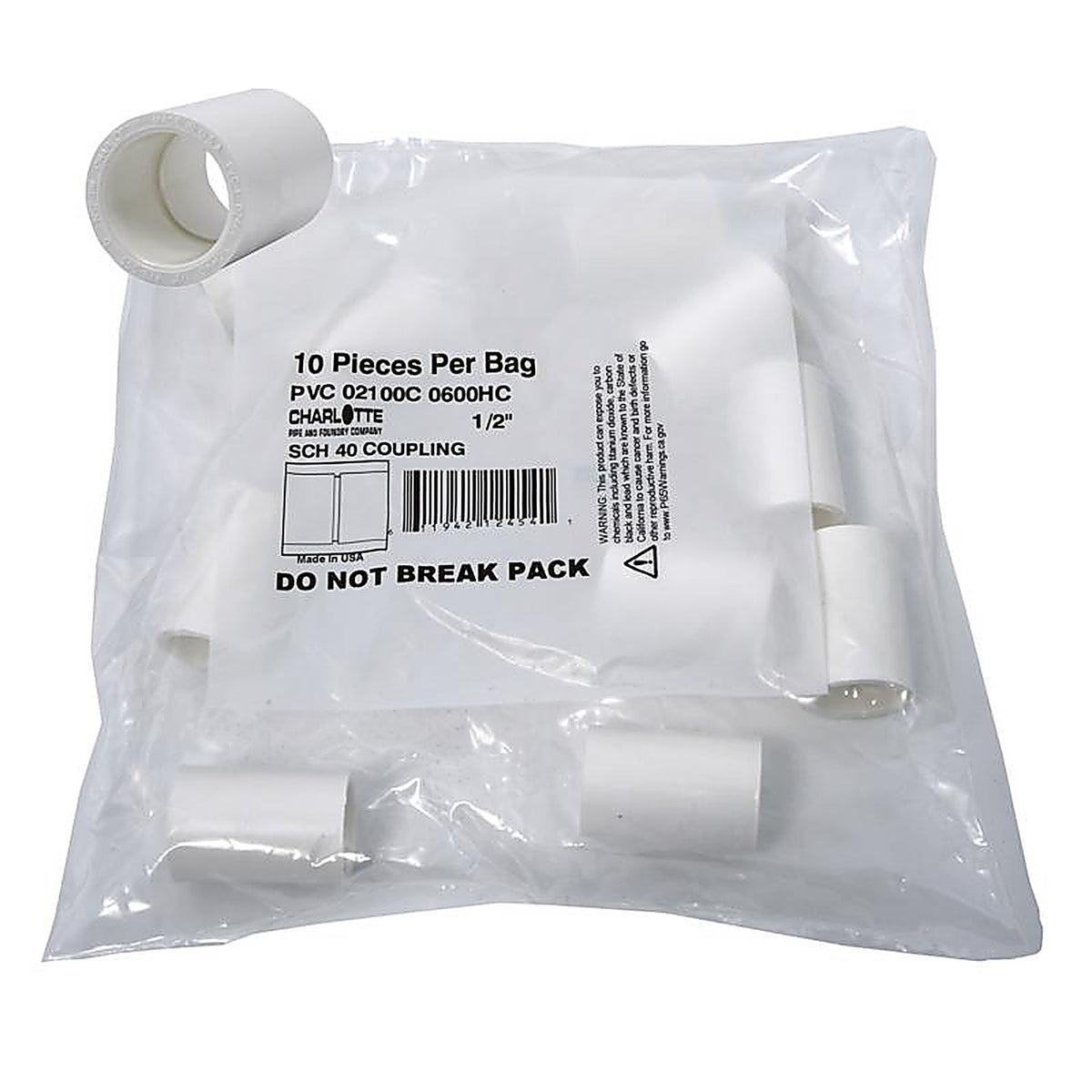Charlotte Pipe PVC02100C0600 Schedule 40 1/2 in. Slip x 1/2 in. Dia. Slip PVC Coupling