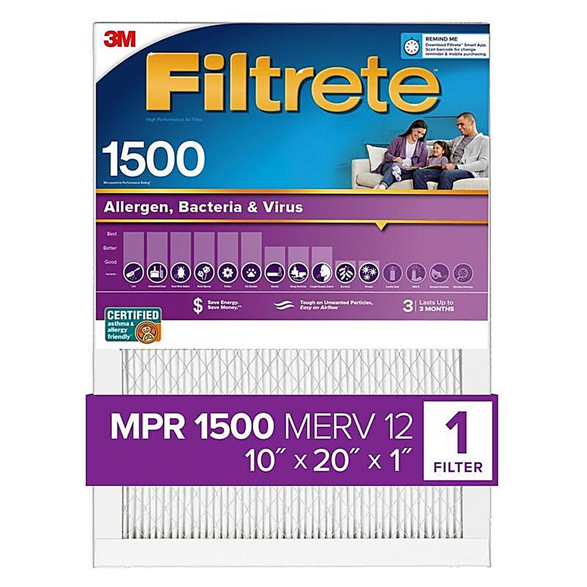Filtrete - 2007DC-4 - 10 In. W X 20 In. H X 1 In. 1500 Mpr Pleated Allergen Air Filter 1 Pack