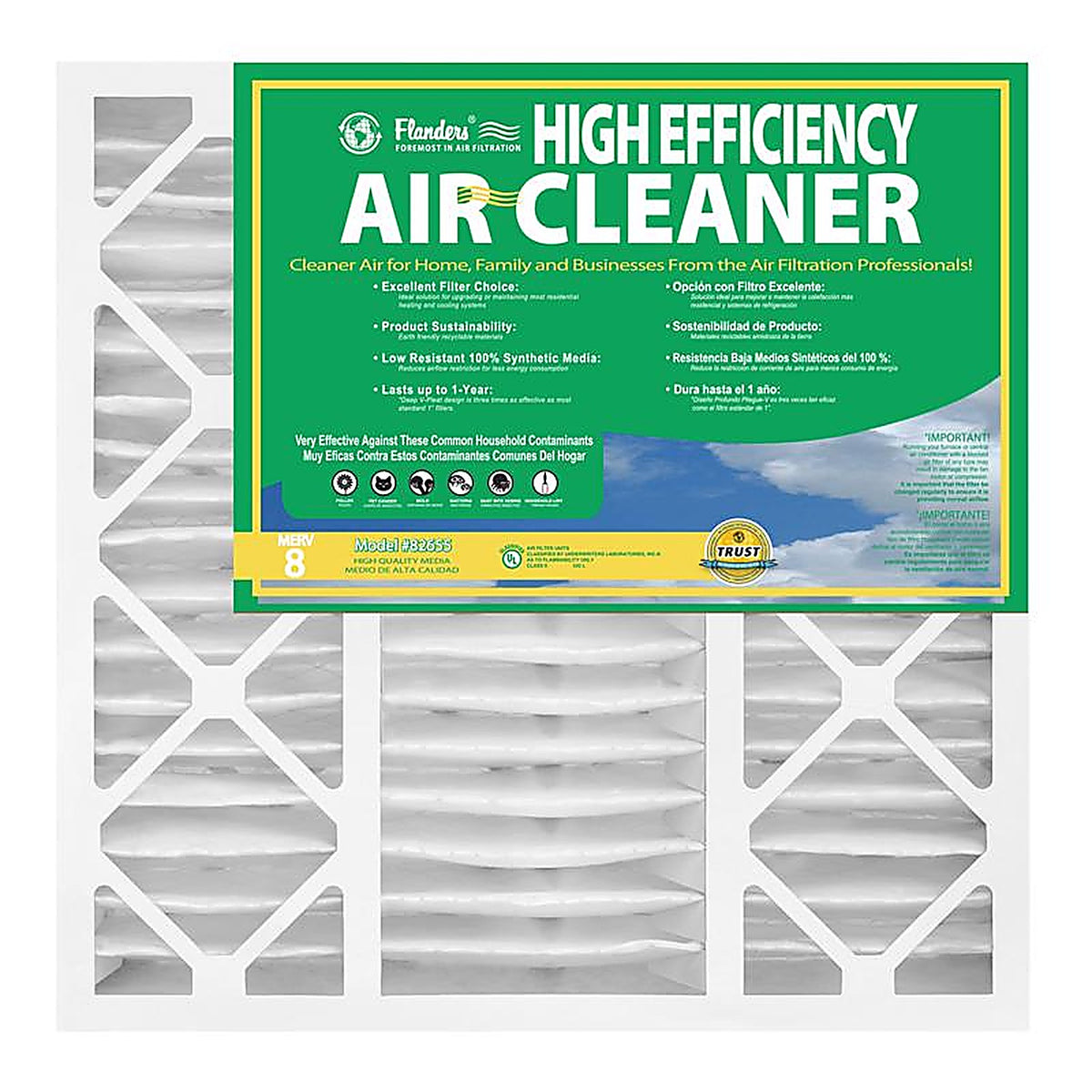 Flanders - 82655.052020 - 20 In. W X 20 In. H X 5 In. Synthetic 8 MERV Pleated Air Filter 1 Pack